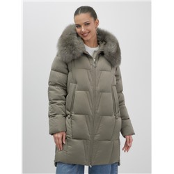 Пальто зимнее утепленное с мехом и капюшоном тренд коричневого цвета 7630K