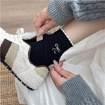 Breathable silver brand knee socks with bow, with embroidery, mid-length