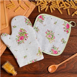 Набор кухонный Доляна Roses on linen: варежка-прихватка 20х27 см, прихватка 19х19 см, 100% хл