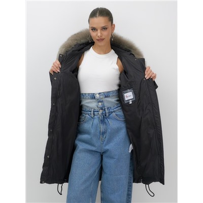 Пальто зимнее утепленное с мехом и капюшоном тренд черного цвета 7745Ch