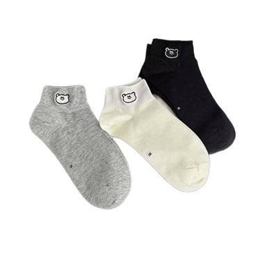 Tide, summer thin white cotton knee socks, cute embroidery, with little bears, with embroidery