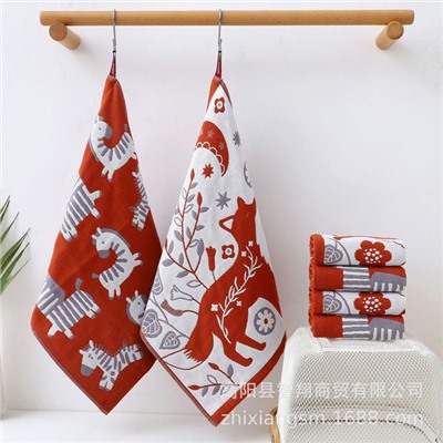 Zhiyang towel, four-layer cotton jacquard gauze Christmas fox square towel, soft absorbent kitchen towel factory price wholesale