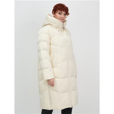 Пальто зимнее утепленное с капюшоном женское бежевого цвета 7702B