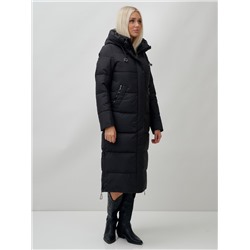 Пальто утепленное стеганное зимнее с капюшоном женское черного цвета 9607Ch