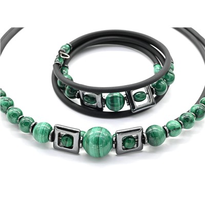 Чокер и браслет с малахитом шарики 8-13мм, 43см, 17см