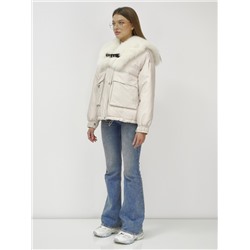 Куртка бомбер ангел с мехом песец премиум класса бежевого цвета 390_1B