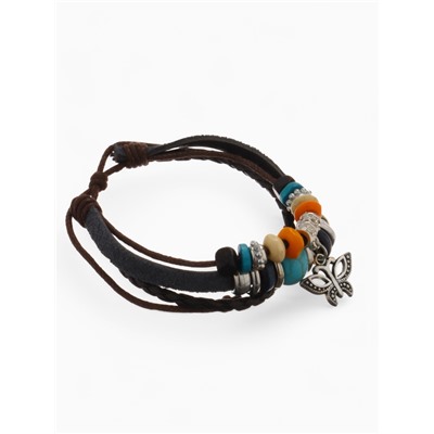 Браслет кожа «Бабочка» с бусинами, 3 нити, цветной, d=5 см