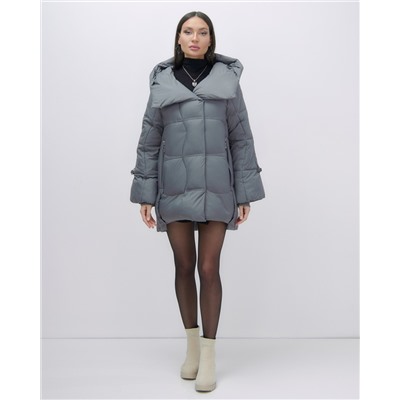 Куртка зимняя женская с большим капюшоном модная темно-серого цвета 7739TC