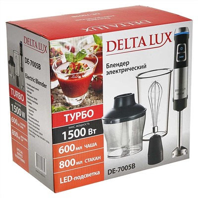 Блендер погружной 1500 Вт DELTA LUX DE-7005B с измельчителем, венчиком, стаканом, черный