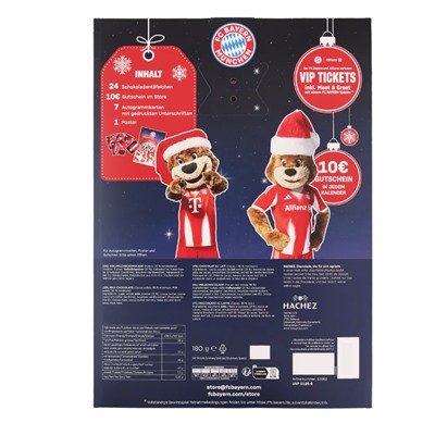 FC Bayern Schoko Adventskalender 180g, Адвент-календарь 2025 ФК Бавария, 24 сладких сюрприза, 43см х 31см, 180 грамм