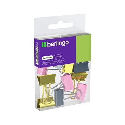 Зажимы для бумаг 19мм, Berlingo, 10шт., цветные, ПВХ упак., европодвес, розовый+золотой