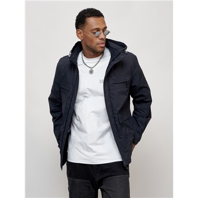 Куртка спортивная мужская весенняя с капюшоном темно-синего цвета 88028TS