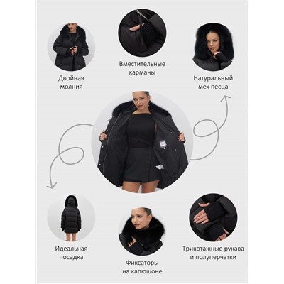 Куртка зимняя женская с мехом и капюшоном тренд черного цвета 7737Ch