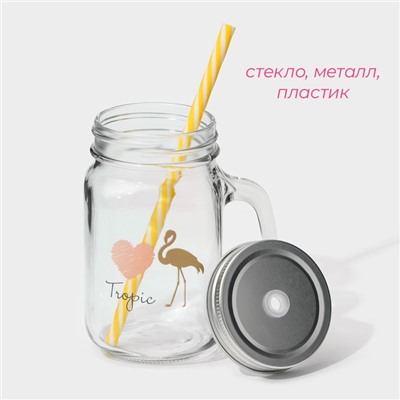 Кружка Доляна «Золотой фламинго», 450 мл, 10×7.5×13 см, с ручкой, крышкой и трубочкой, стекло, прозрачная