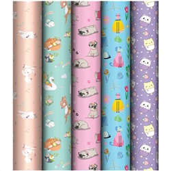 Бумага упаковочная 70*100см MESHU "Милые зверята" 80г/м2 ассорти 5диз MS_53485/50/Россия