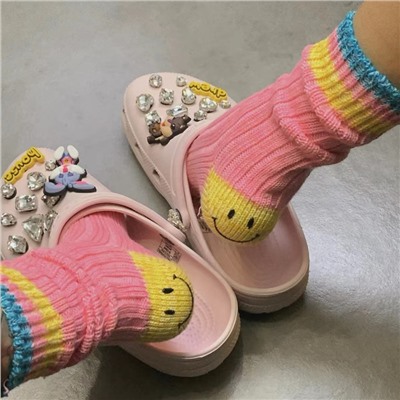 Hiuda and Honghong wool rough needle smiley face and thick Japanese style Japanese work -colored stripes, men's and women's middle sock socks