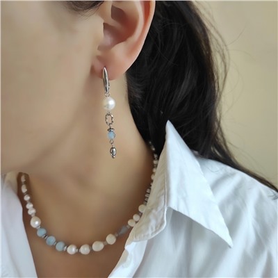Серьги из жемчуга, аквамарина, гематита