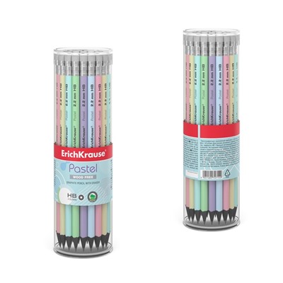 Карандаш чернографитный с ластиком ErichKrause «Pastel», HB, грифель d=2.2 мм, пластик, круглый в тубусе, пастель МИКС