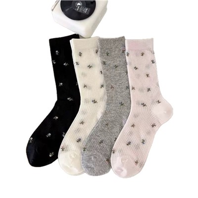 Summer thin socks for women's mid-tube, silk floral boneless pile socks, Miu-style ballet style mesh breathable stockings
