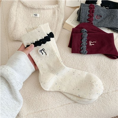 Demi-season embroidery with bow, Japanese breathable knee socks, with embroidery, combed cotton