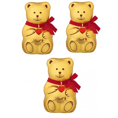 Lindt 2025 Teddy 3stk x 100g, Мишки Линдт из молочного шоколада, 12см, с красным бантом и красным сердцем, 3шт х 100г (300 грамм)