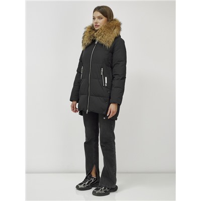 Куртка женская зимняя с мехом енот премиум класса черного цвета 381Ch