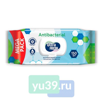 Салфетки влажные Ultra Fresh Antibacterial с клапаном, 150 шт.