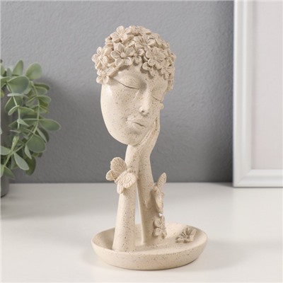 Фигурка - подставка для мелочей полистоун «Бюст. Девушка с цветами на голове», белый в крапинку, 9.5×9.5×18.5 см