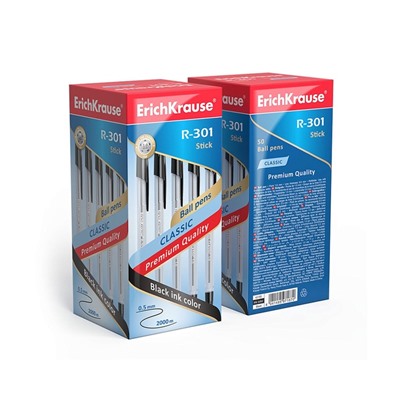 Ручка шариковая ErichKrause R-301 Classic Stick, узел 1.0 мм, чернила чёрные, длина линии письма 2000 метров, штрихкод на ручке