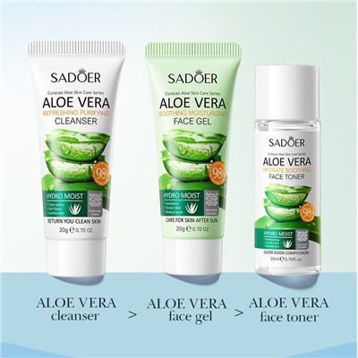Дорожный набор из 3 средств для лица с экстрактом Алоэ Sadoer (Пенка + Тонер + Гель), 20*20*20 гр.