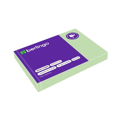Самоклеящийся блок Berlingo "Ultra Sticky", 100*75мм, 100л., пастель, зеленый