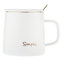 Кружка фарфоровая "Simple" 370мл, д9см h9см, матовая глазурь, отводка золотом, деколь с золотом, цвет - белый, фарфоровая крышка, ложка металл., окрашенный "золото" 13см, д/горла 8см, д/основания 8,5см, в подарочноый коробке (Китай)