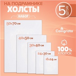 Холсты на подрамнике, 5 штук: 18×24 см, 24×30 см, 30×40 см, 40×50 см, 50×70 см, хлопок 100%, мелкозернистый, 280 г/м²