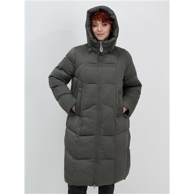 Пальто зимнее утепленное с капюшоном женское зеленого цвета 7702Z
