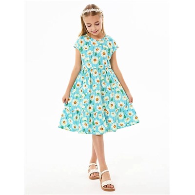 Детское платье "Ласточка" / Крупные ромашки на бирюзе