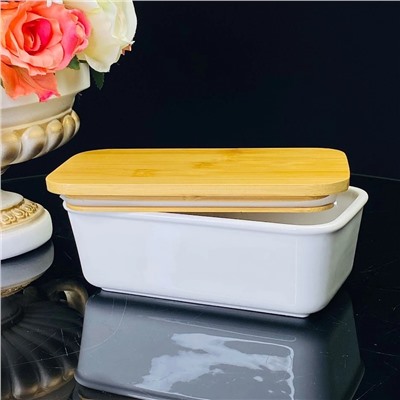 142-084 Прямоугольное блюдо для запекания 19см с бамбук.крышкой в под.уп.(х16)Фарфор