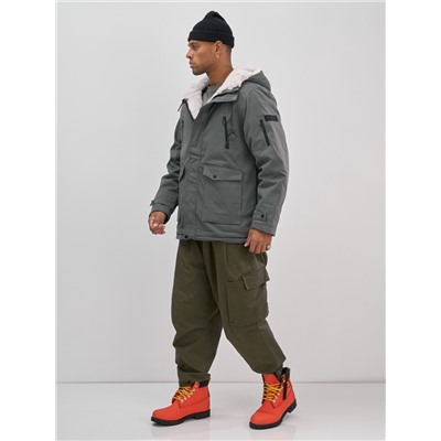 Парка мужская зимняя удлиненная с мехом серого цвета 8761Sr