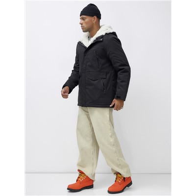 Парка мужская зимняя удлиненная с мехом черного цвета 8755Ch