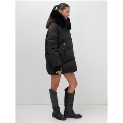 Куртка зимняя женская с мехом и капюшоном тренд черного цвета 7737Ch