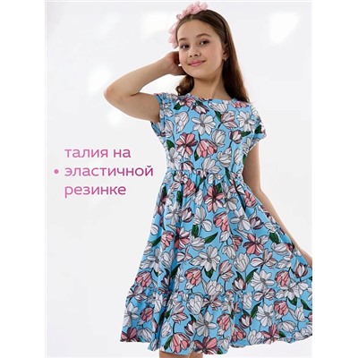 Детское платье "Ласточка" / Розовые тюльпаны на голубом