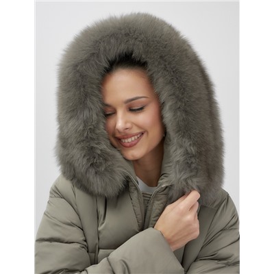 Пальто зимнее утепленное с мехом и капюшоном тренд коричневого цвета 7630K