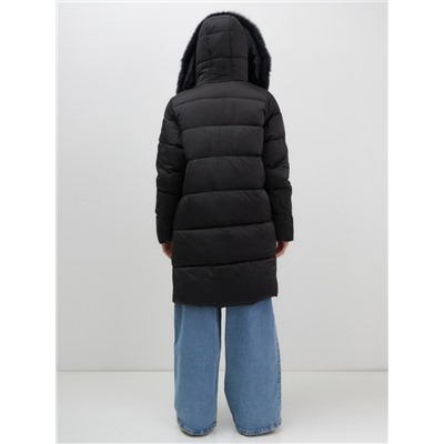 Пальто зимнее утепленное с мехом и капюшоном тренд черного цвета 7630Ch