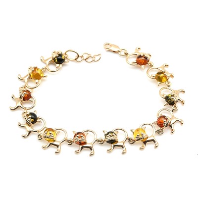 Браслет с янтарем С925 "кошечки" 12*14мм цв.ассорти, 20,5см, 13г