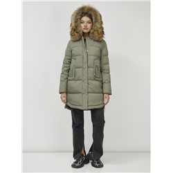 Куртка женская зимняя с мехом енот премиум класса цвета хаки 386Kh