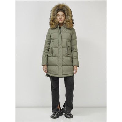 Куртка женская зимняя с мехом енот премиум класса цвета хаки 386Kh