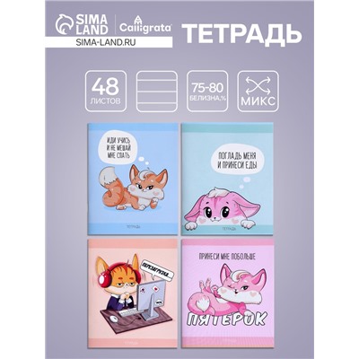 Тетрадь 48 листов в клетку Calligrata «Лисички», обложка мелованная бумага, серые листы, МИКС