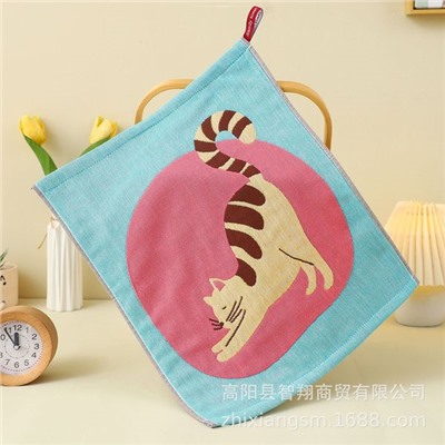 Zhiyang towel, four-layer cotton jacquard gauze, stretch cat square towel, soft absorbent kitchen towel factory price wholesale