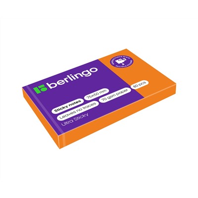 Самоклеящийся блок Berlingo "Ultra Sticky", 50*75мм, 80л., оранжевый неон