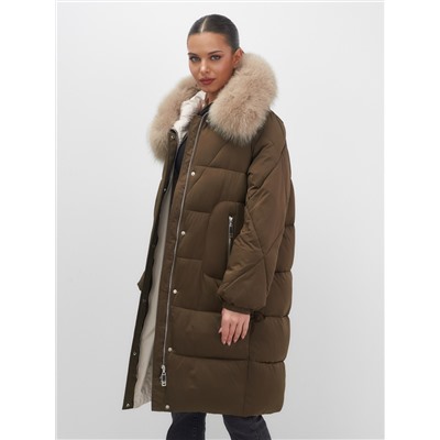 Пальто зимнее утепленное с мехом и капюшоном тренд горчичного цвета 7629G