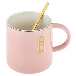 Кружка фарфоровая "Happy" 420мл, д9,2см h9,6см, глянцевая глазурь, отводка золотом, декор с золотом, цвет - розовый, фарфоровая крышка, ложка металл., окрашенный "золото" 14,3см, д/горла 8,3см, д/основания 7,7см, в подарочноый коробке (Китай)